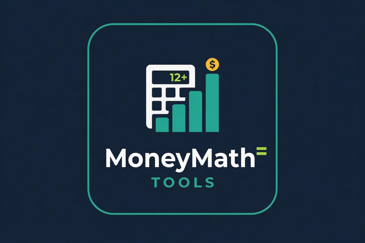 MoneyMath.tools promotional artwork showing personal finance calculators and guides for borrowing, budgeting, saving, and investing.