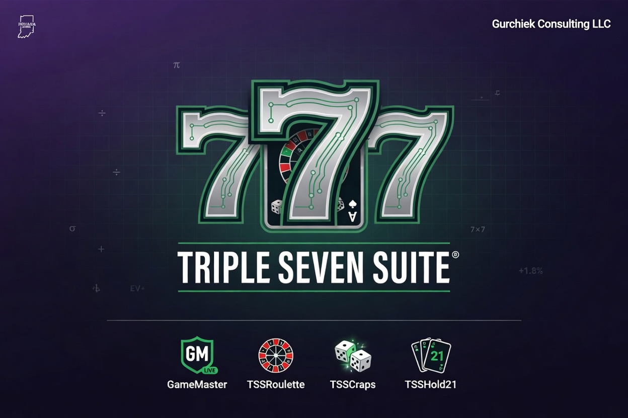 Triple Seven Suite promotional artwork highlighting GameMaster and the broader analytics-focused product lineup for sports bettors and table-game players.